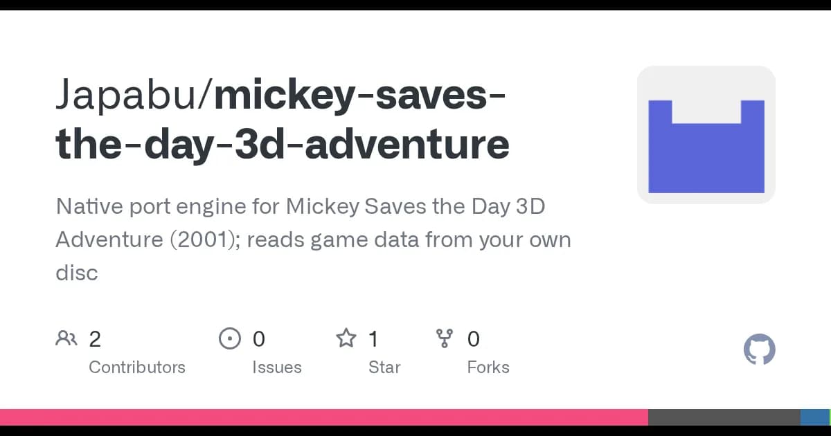 Disney's Mickey Saves the Day 3D Adventure (PC, 2000): 74% of the game code matches the original bytes, plus a macOS port.