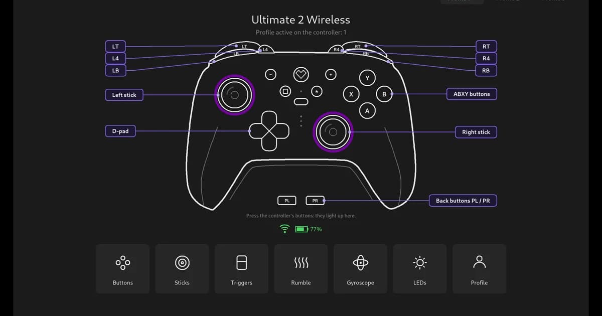 8BitDo Ultimate 2 Wireless controller: A gamepad configurator for Linux, from the vendor app's protocol.