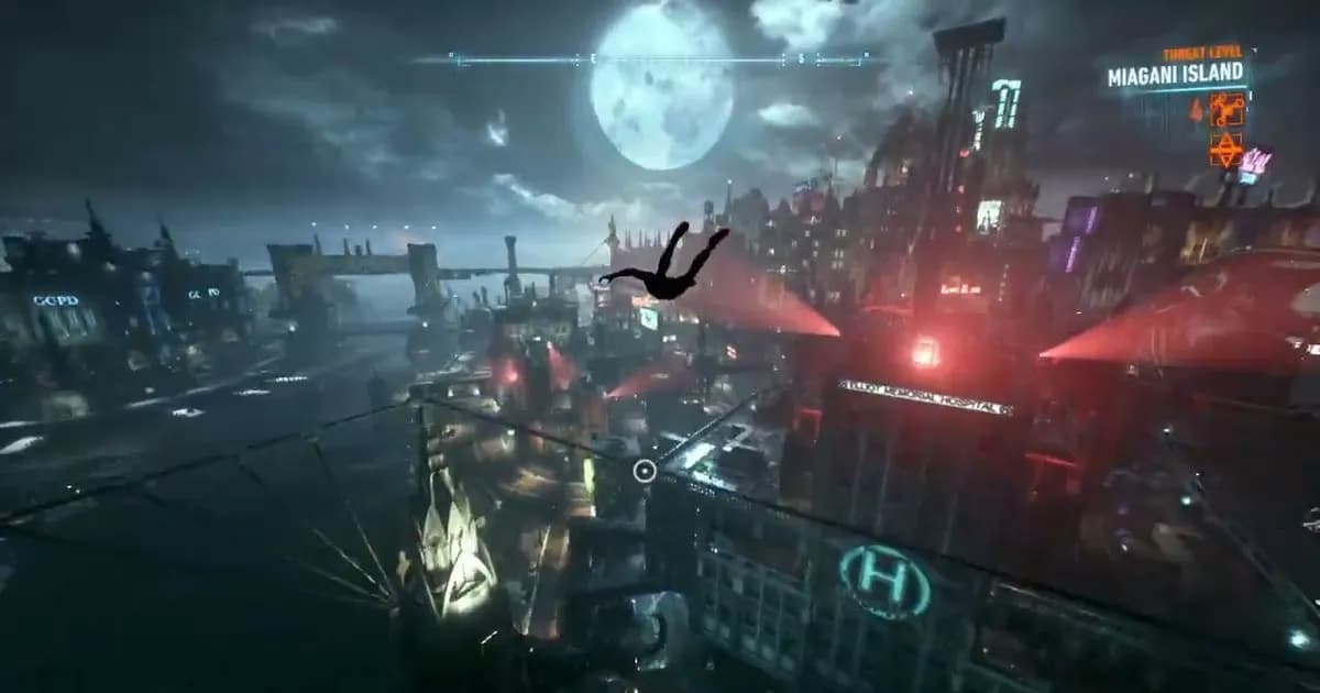 Batman: Arkham Knight and Marvel's Spider-Man Remastered: Spider-Man's full swing system running inside Gotham.