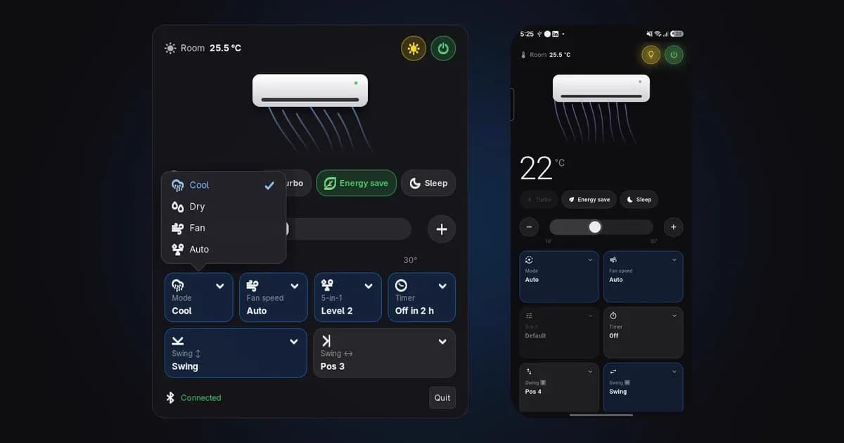 Blue Star BI-IC318VNUS split air conditioner: A tray app for an AC, built from its Bluetooth protocol.