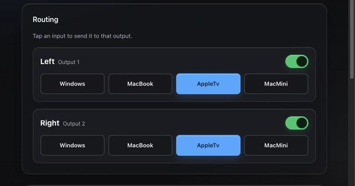 Generic 4x2 HDMI matrix switcher: Routing, power and EDID from any device on the network, no vendor app.