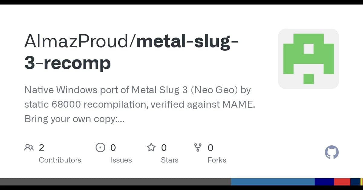 Metal Slug 3 (Neo Geo MVS, 2000): A 68000 arcade program recompiled to C with the Neo Geo recreated around it.
