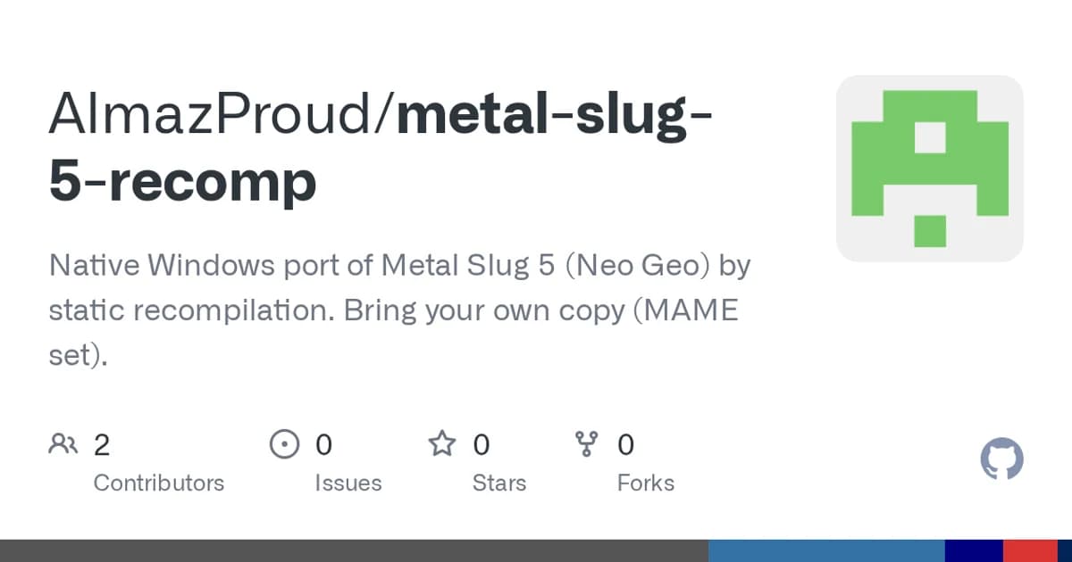 Metal Slug 5 (Neo Geo MVS): Arcade-exact Metal Slug 5 as native code, checked against MAME frame by frame.