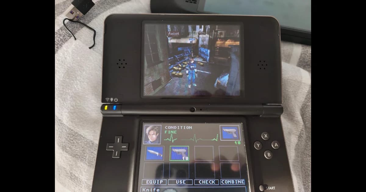 Resident Evil 2 (PS1, PAL disc 1): Resident Evil 2 rebuilt as a native DS engine, running on real hardware.