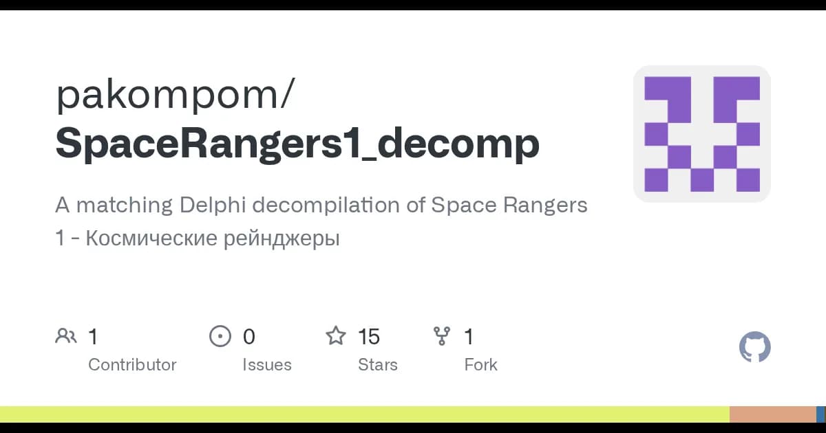 Space Rangers 1 (PC, v1.7.2 English Steam): Delphi source that compiles to an identical 2.3 MB executable.
