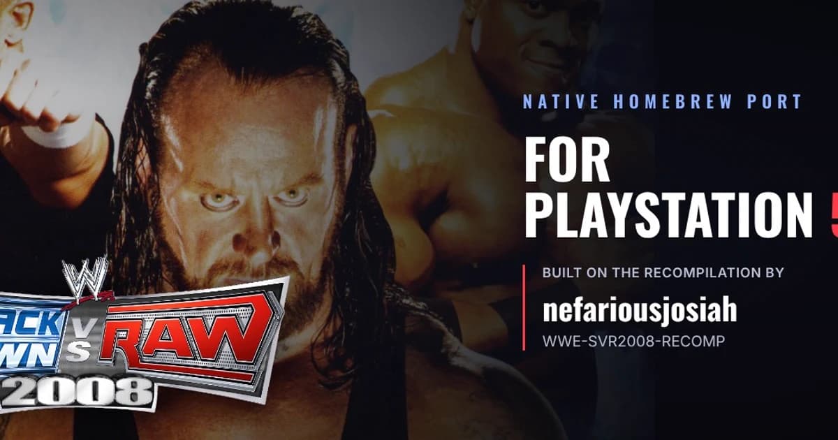 WWE SmackDown vs. Raw 2008 (Xbox 360): The 2007 WWE game plays native on PS5 homebrew, 4K at 60 fps.