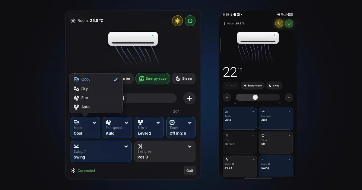 Blue Star BI-IC318VNUS split air conditioner: A tray app for an AC, built from its Bluetooth protocol.