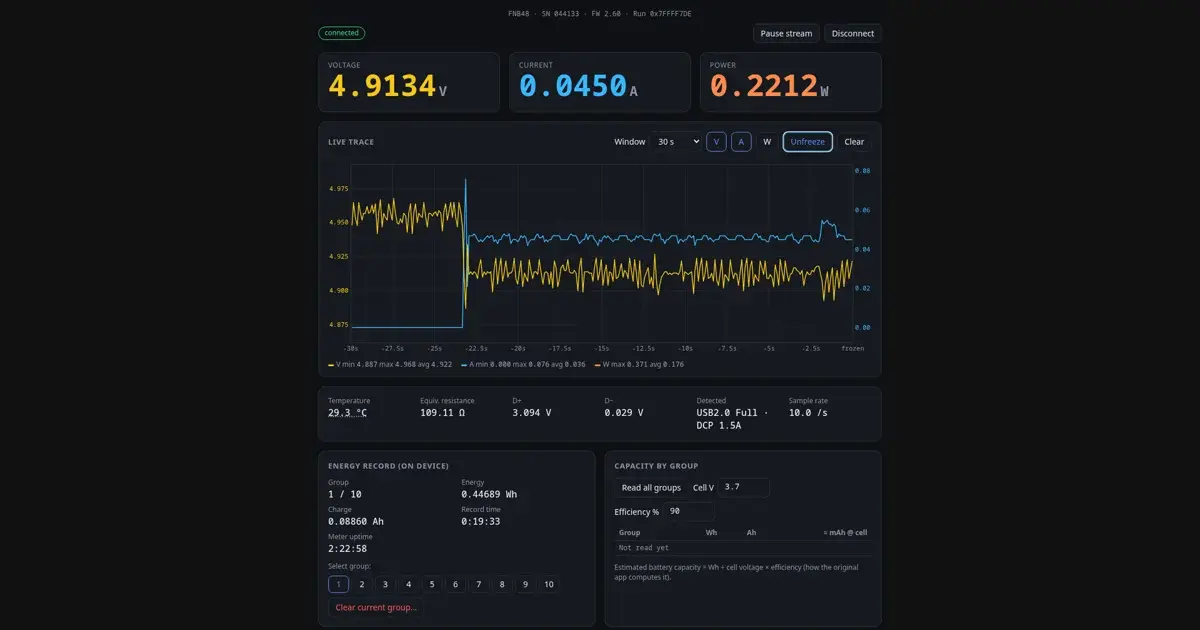 FNIRSI FNB48 USB power meter: A USB power meter that works again, from a browser tab.