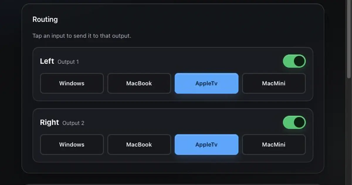 Generic 4x2 HDMI matrix switcher: Routing, power and EDID from any device on the network, no vendor app.