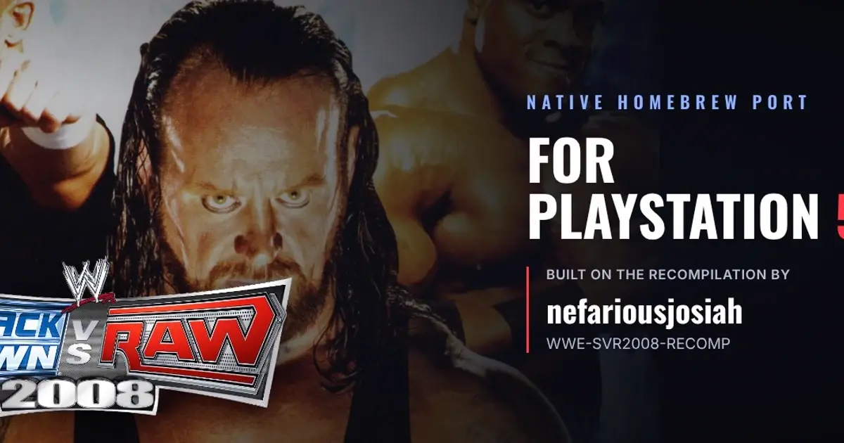 WWE SmackDown vs. Raw 2008 (Xbox 360): The 2007 WWE game plays native on PS5 homebrew, 4K at 60 fps.