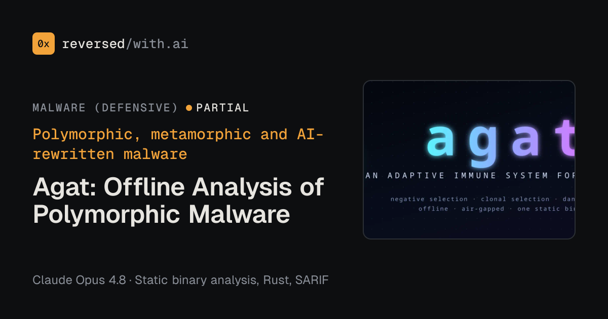 Polymorphic, metamorphic and AI-rewritten malware: Agat: Offline Analysis of Polymorphic Malware
