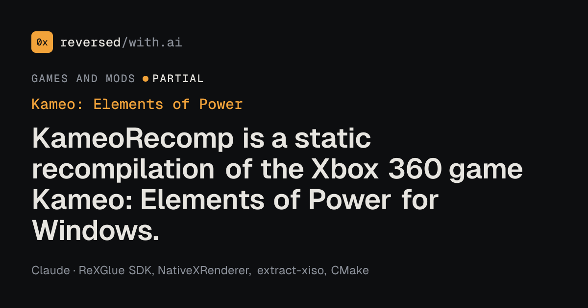 Kameo: Elements of Power: KameoRecomp is a static recompilation of the Xbox 360 game Kameo: Elements of Power for Windows.